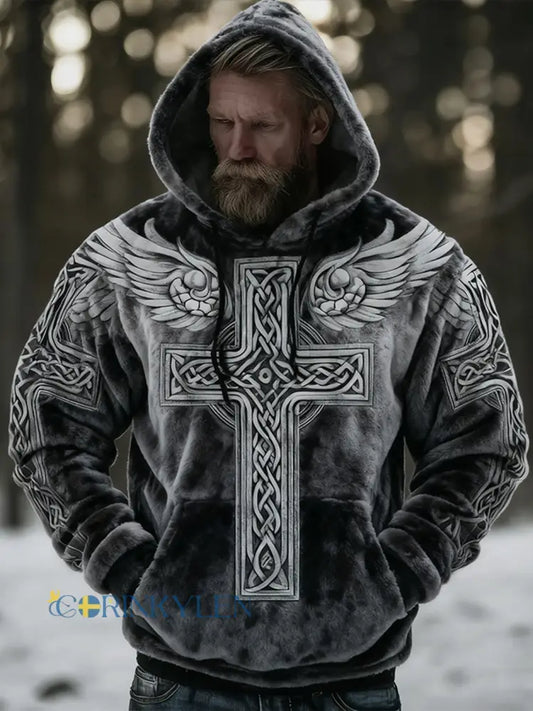 Mans retro vikingkeltiskt mönsterdesign avslappnad flanellhuvtröja - svart / S