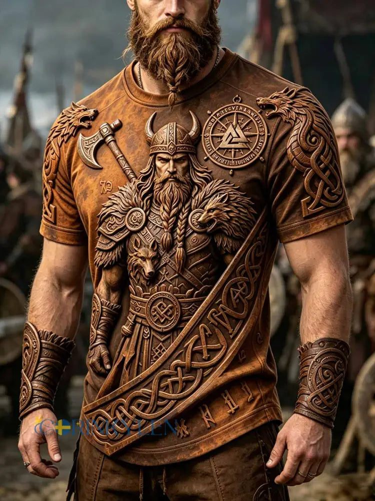 Mans retro vikingkrigarmönstrad ledig t-shirt - som bild / S