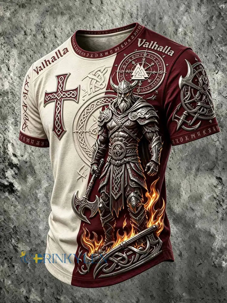 Mans retro vikingkrigarmönstrad ledig t-shirt - som bild / S