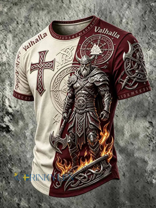 Mans retro vikingkrigarmönstrad ledig t-shirt - som bild / S