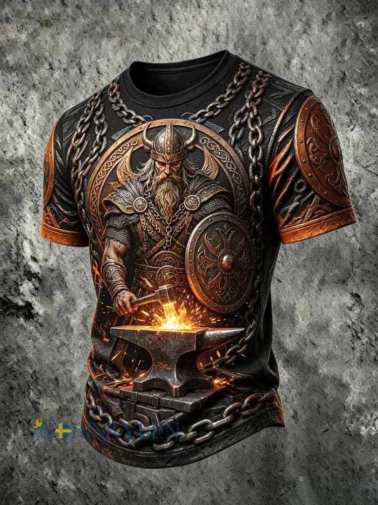 Mans retro vikingkrigarmönstrad ledig t-shirt - som bild / S