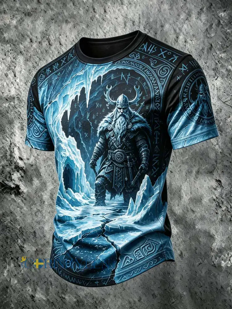 Mans retro vikingkrigarmönstrad ledig t-shirt - som bild / S