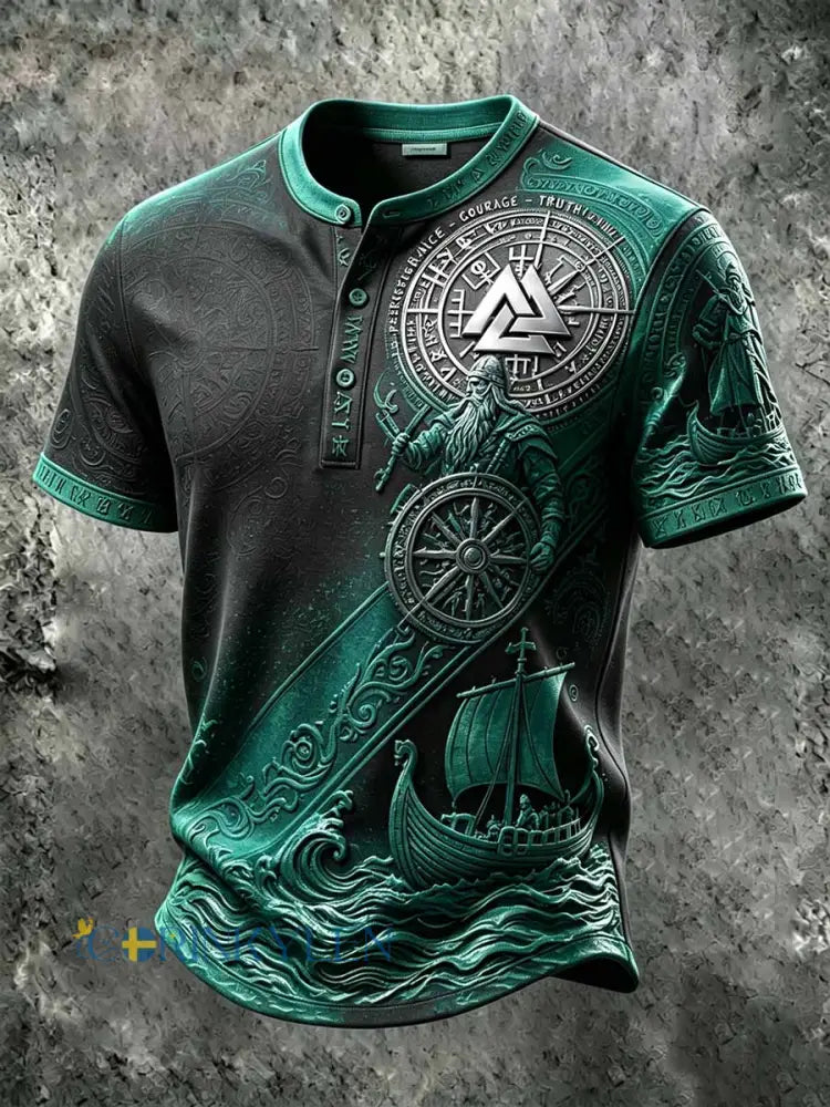 Mans retro vikingkrigarmönstrad ledig t-shirt - som bild / S