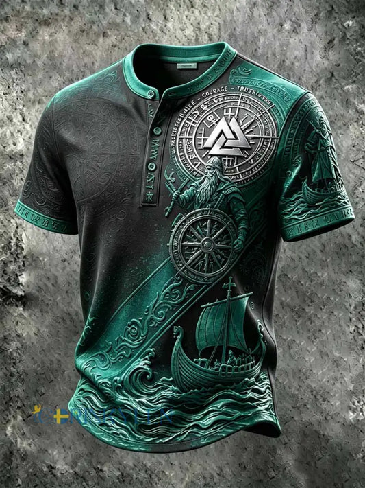 Mans retro vikingkrigarmönstrad ledig t-shirt - som bild / S