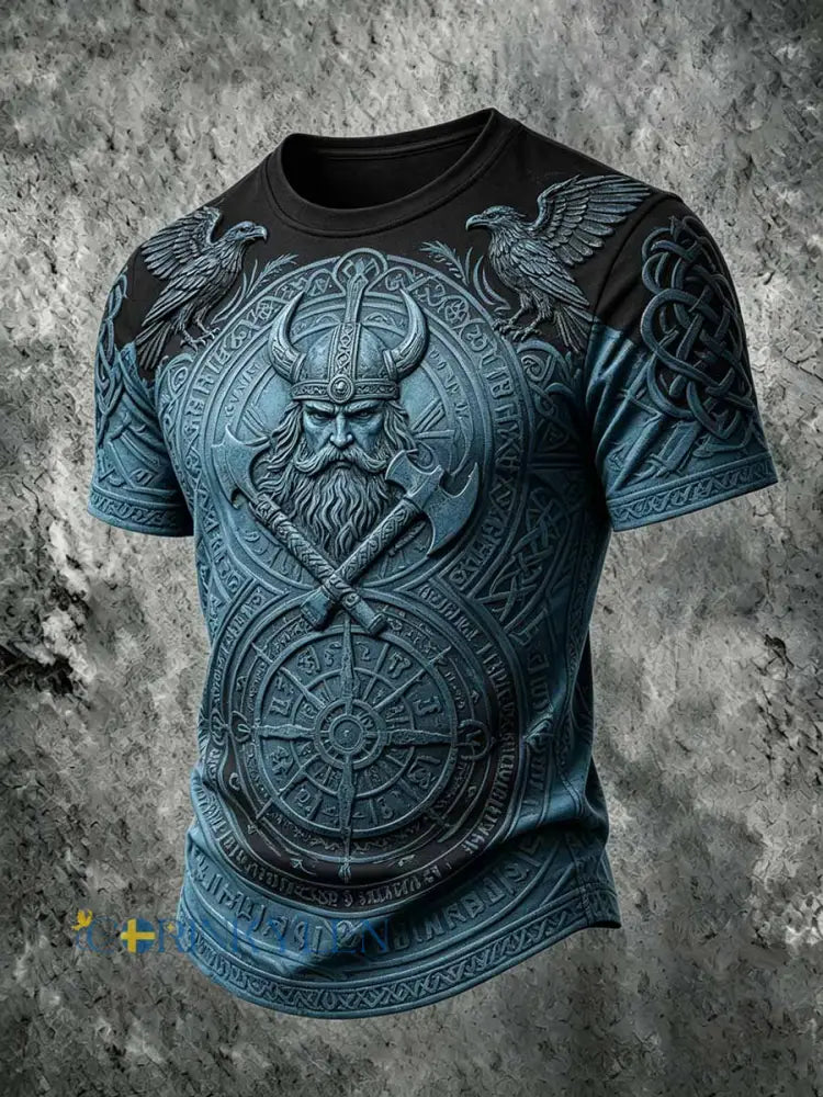 Mans retro vikingkrigarmönstrad ledig t-shirt - som bild / S