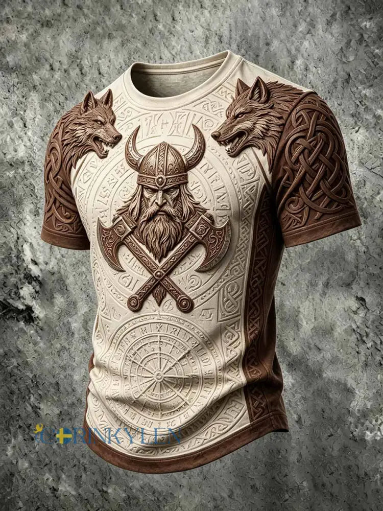 Mans retro vikingkrigarmönstrad ledig t-shirt - som bild / S