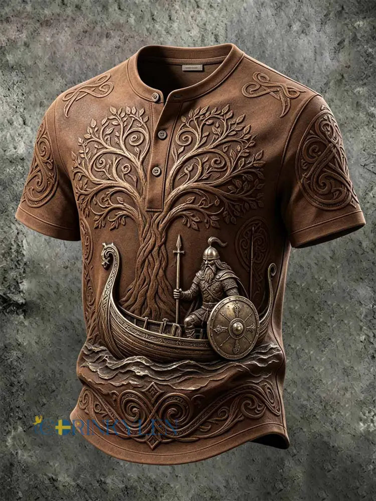 Mans retro vikingkrigarmönstrad ledig t-shirt - som bild / S