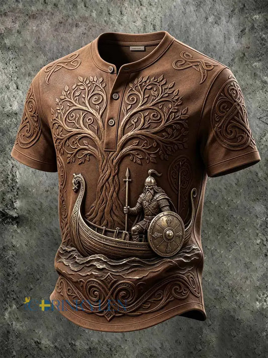 Mans retro vikingkrigarmönstrad ledig t-shirt - som bild / S