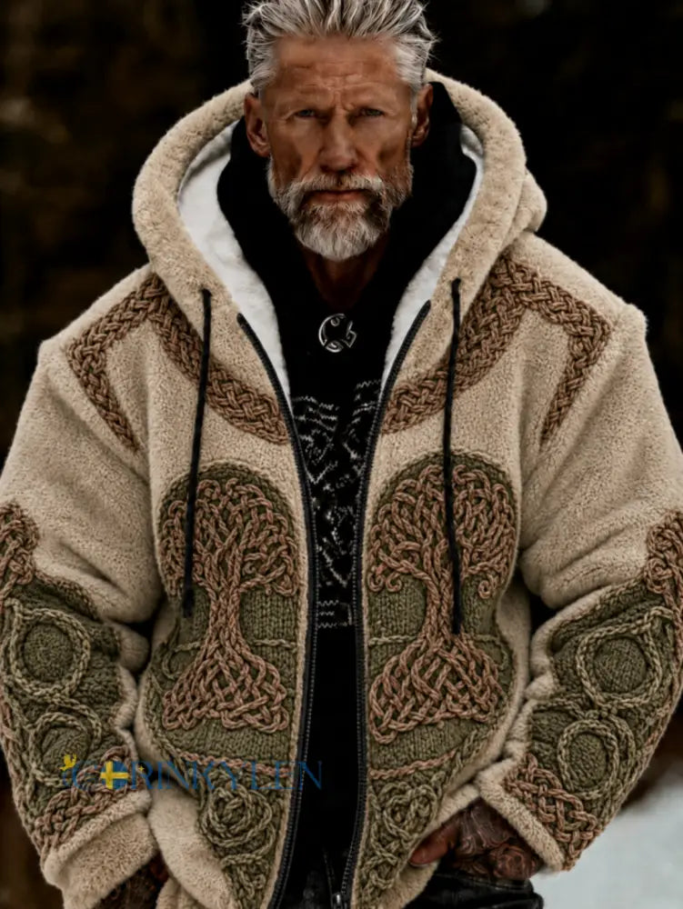 Mans Viking Livets Träd Keltiskt Stil Plysch Mysig Varm Fickjacka Med Dragkedja Och Huva - Khaki / S