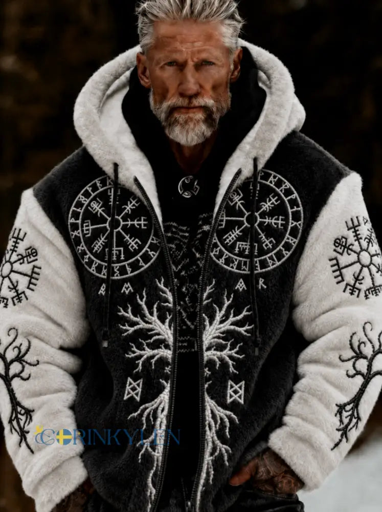 Mans Viking Livets Träd Keltiskt Stil Plysch Mysig Varm Fickjacka Med Dragkedja Och Huva - svart / S