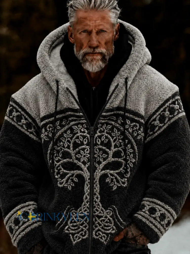 Mans Viking Livets Träd Keltiskt Stil Plysch Mysig Varm Fickjacka Med Dragkedja Och Huva - svart / S