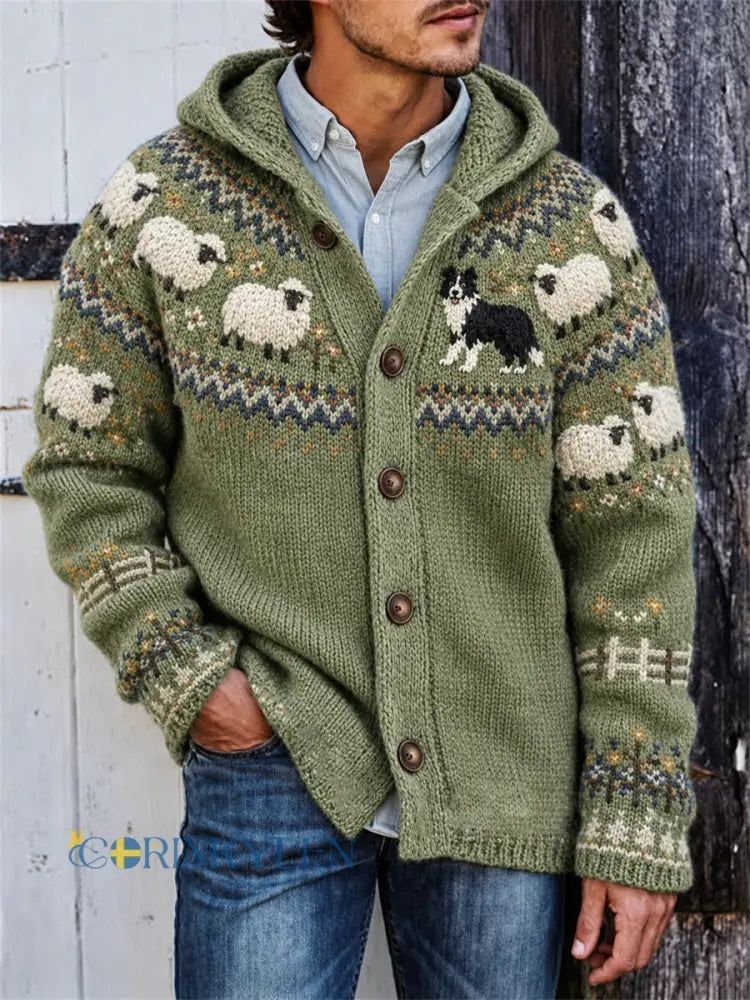 Mans Vintage Bondgård Bordercollie & Får Yoke Isle Tryckt Huvtröja med Ficka - grönt / S