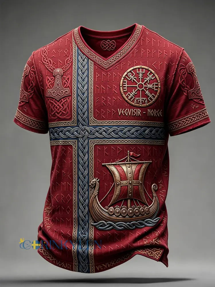 Mans Vintage Norge Viking-inspirerat mönster Keltiskt tryck V-ringad t-shirt - djupröd / S