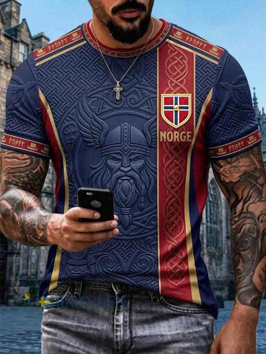 Mans Vintage Viking-inspirerad konst Norge Fotbollssupporter T-shirt med korta ärmar - djupblåa / S
