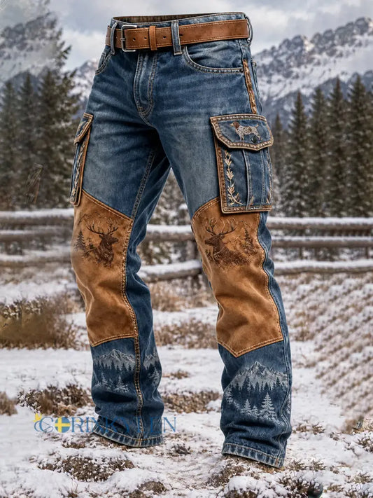 Mans Vintage Western Jaktkonsttryck Casual Cargobyxor - A / S