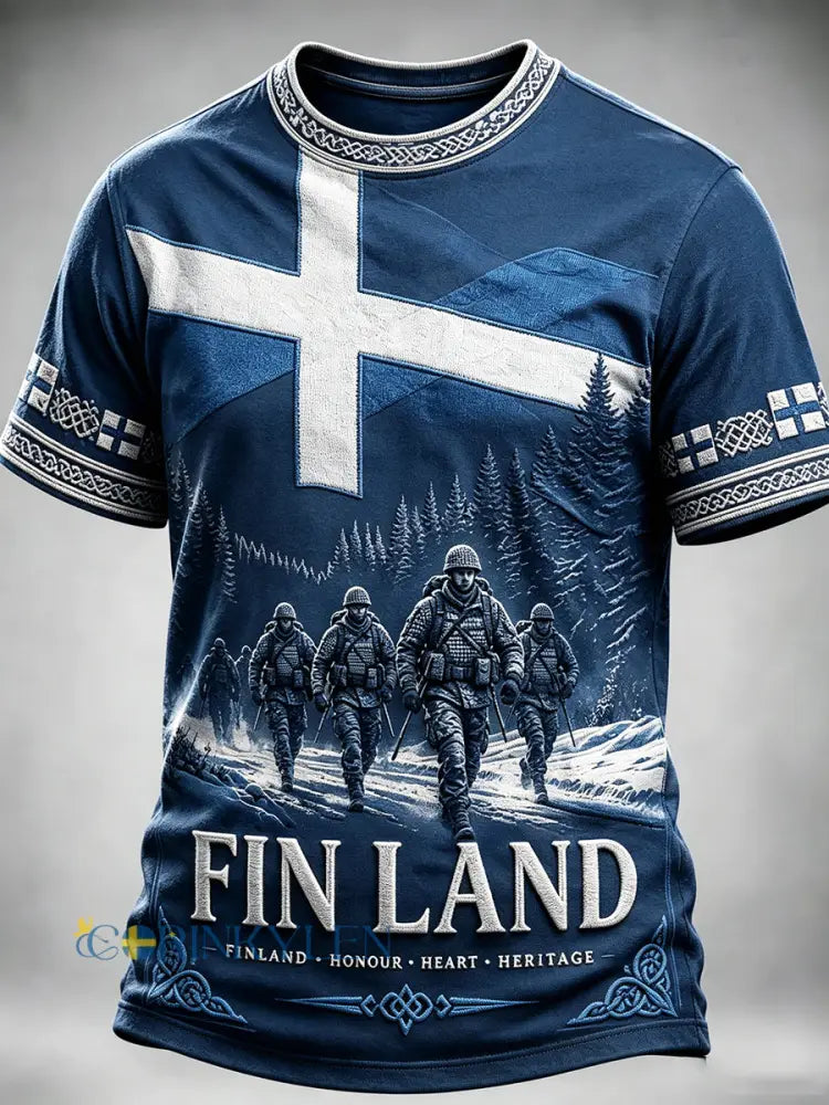 Mansblå finsk militärtryckt casual t-shirt - djupblåa / S