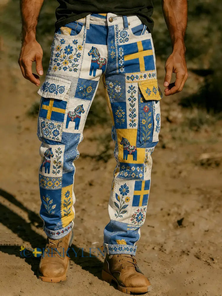 Mansbyxor med konstnärlig tryck som hyllar den svenska nationaldagen - A / S