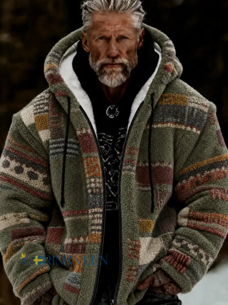 Mansjacka i plysch mysig och varm med dragkedja och huva - grönt / S