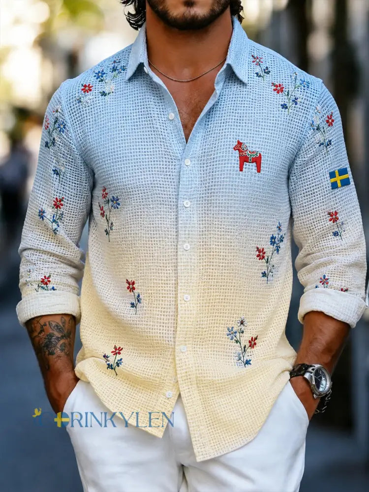 Manskläder Midsommarblommigt mönster Långärmad waffelklänning Texturerad skjorta - A / S