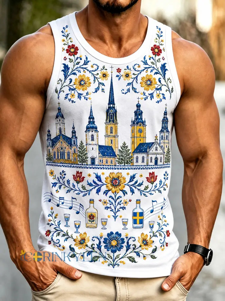 Manslig konstnärlig tanktopp med motiv från den svenska midsommar- och nationaldagen - A / S