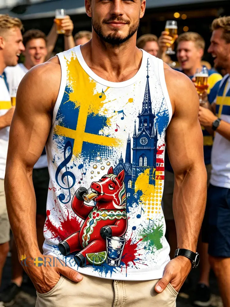 Manslig konstnärlig tanktopp med motiv från den svenska midsommar- och nationaldagen - A / S
