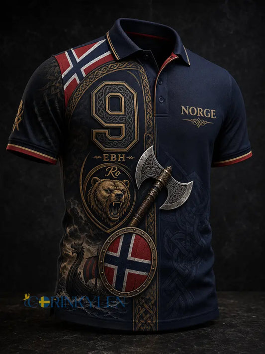 Mansligt norsk vikingtematiskt patriotiskt konsttryckt polotröja - A / S