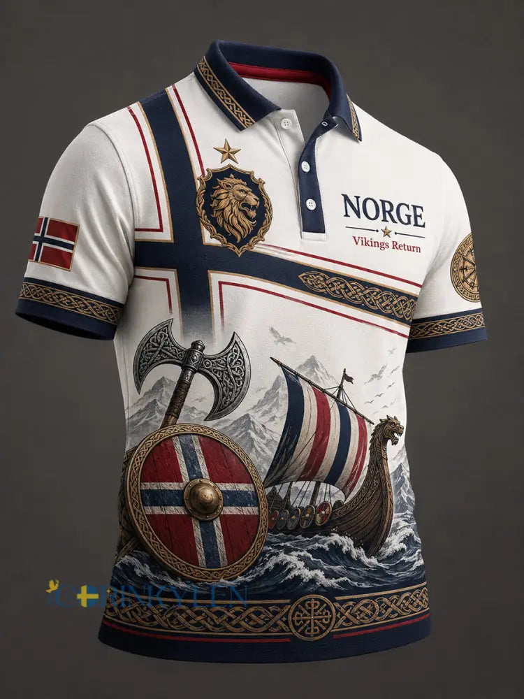 Mansligt norsk vikingtematiskt patriotiskt konsttryckt polotröja - A / S