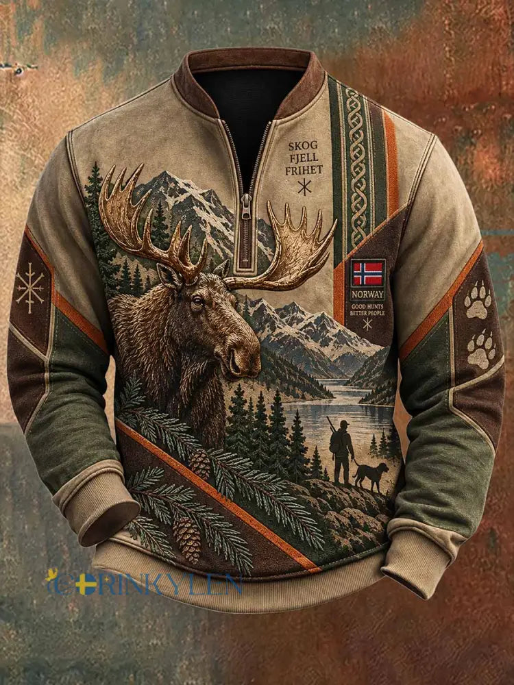 Mansloppa sweatshirt med vintagejaktmönster