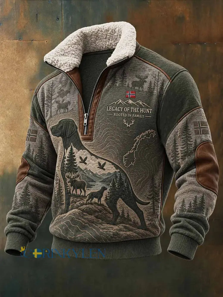 Mansloppa sweatshirt med vintagejaktmönster - som bild / S