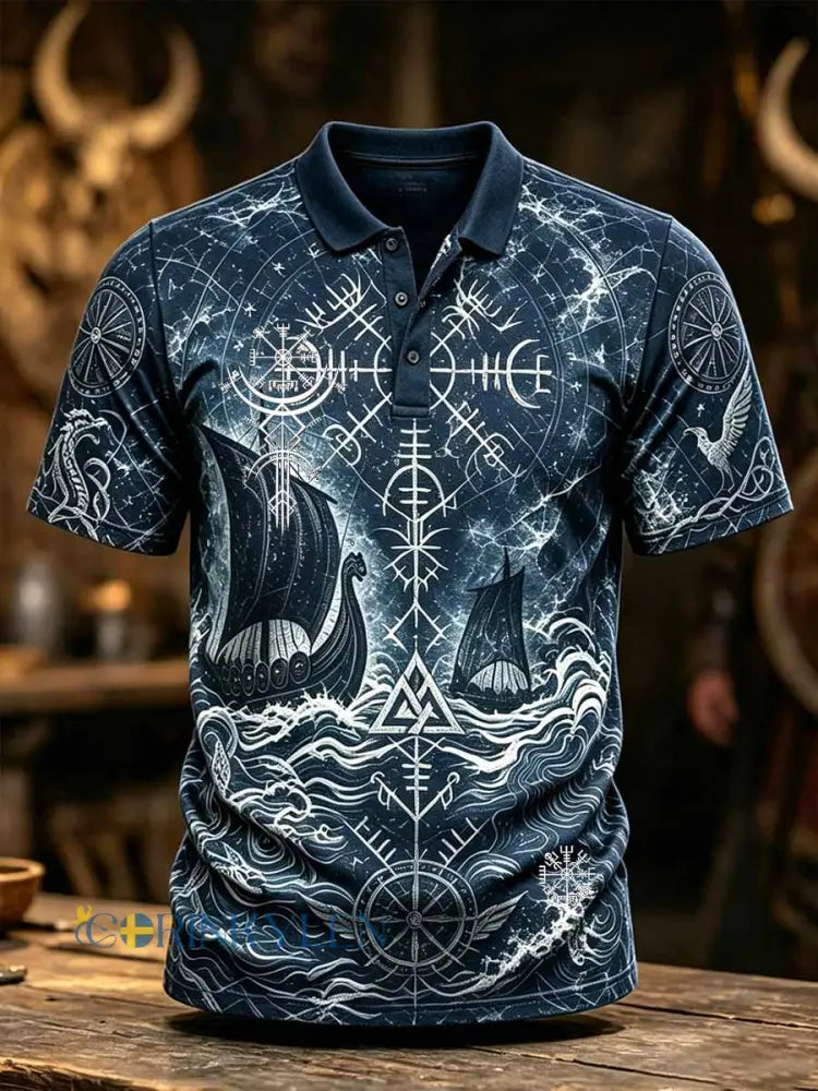 Mansretro-vikingartyg med tryckt konstmönster poloströja - som bild / S