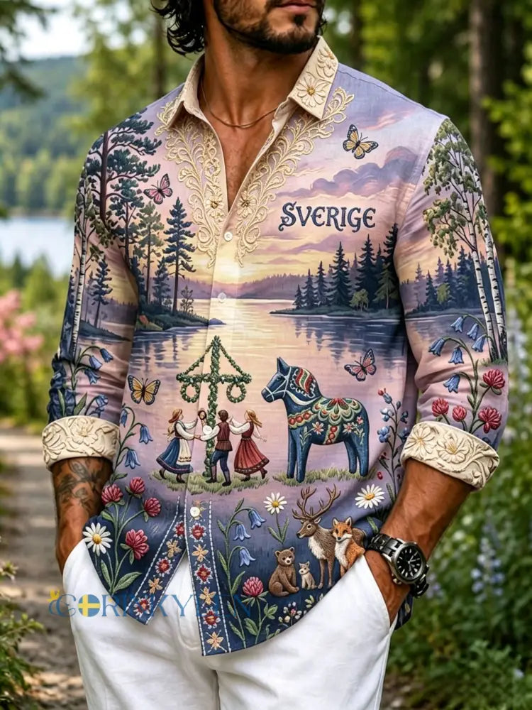 Mansrums retro svensk midsommarfolkstil blommig bomull-linne skjorta med lång ärm - mörkt / S