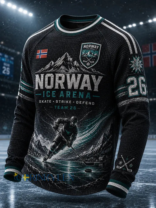 Manströja i våffelstickning med långa raglanärmar och hockeymotiv - A / S