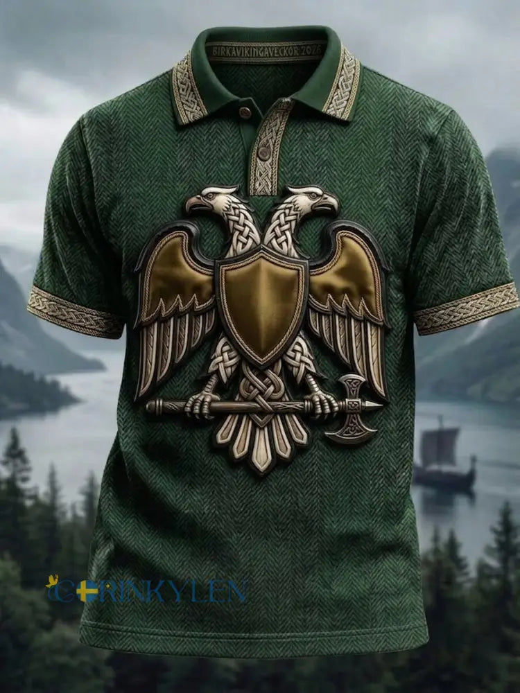Mansvintage svensk Birka Vikingaveckor pikétröja med korta ärmar - grönt / S
