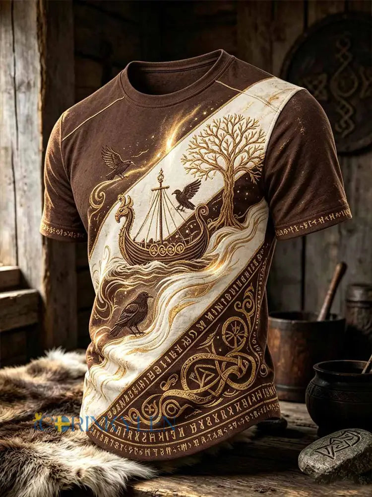Mansvintage-T-shirt med vikingamönster - som bild / S