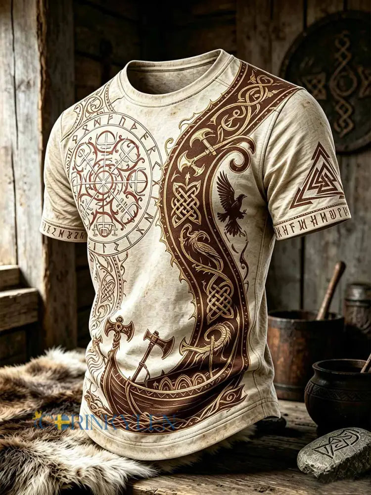 Mansvintage-T-shirt med vikingamönster - som bild / S