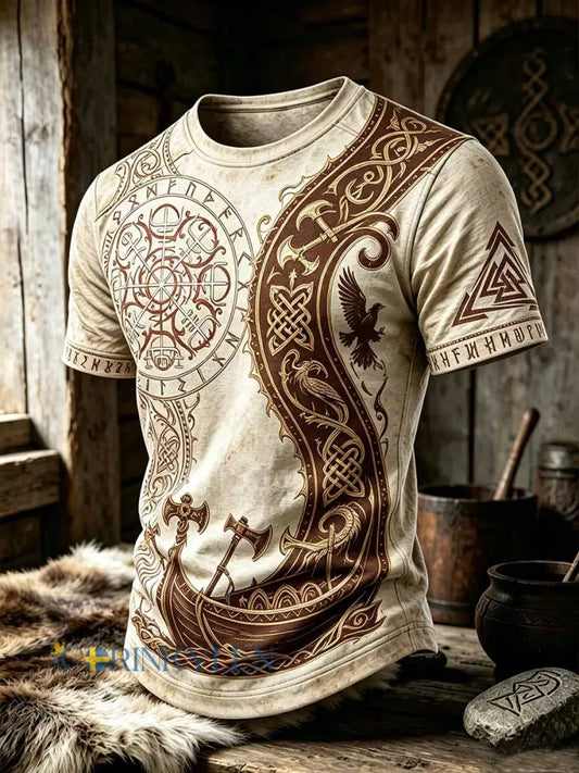 Mansvintage-T-shirt med vikingamönster - som bild / S