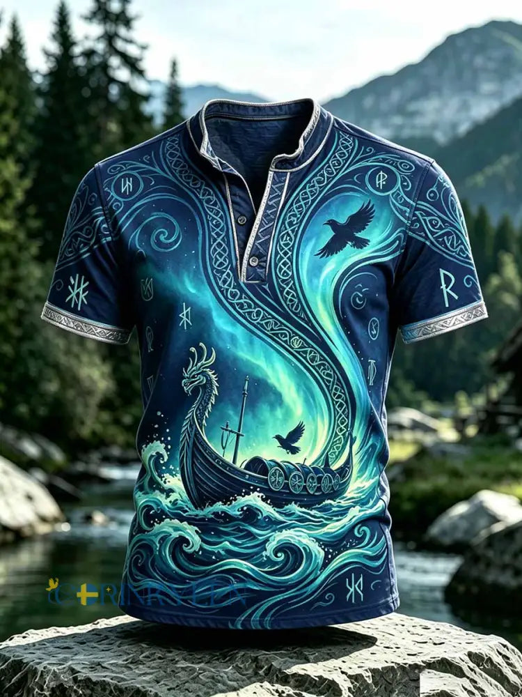 Mansvintage-T-shirt med vikingamönster - som bild / S