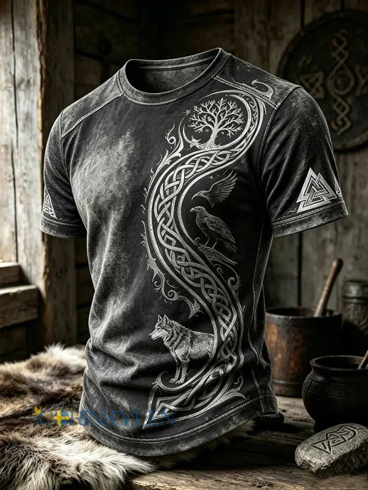 Mansvintage-T-shirt med vikingamönster - som bild / S