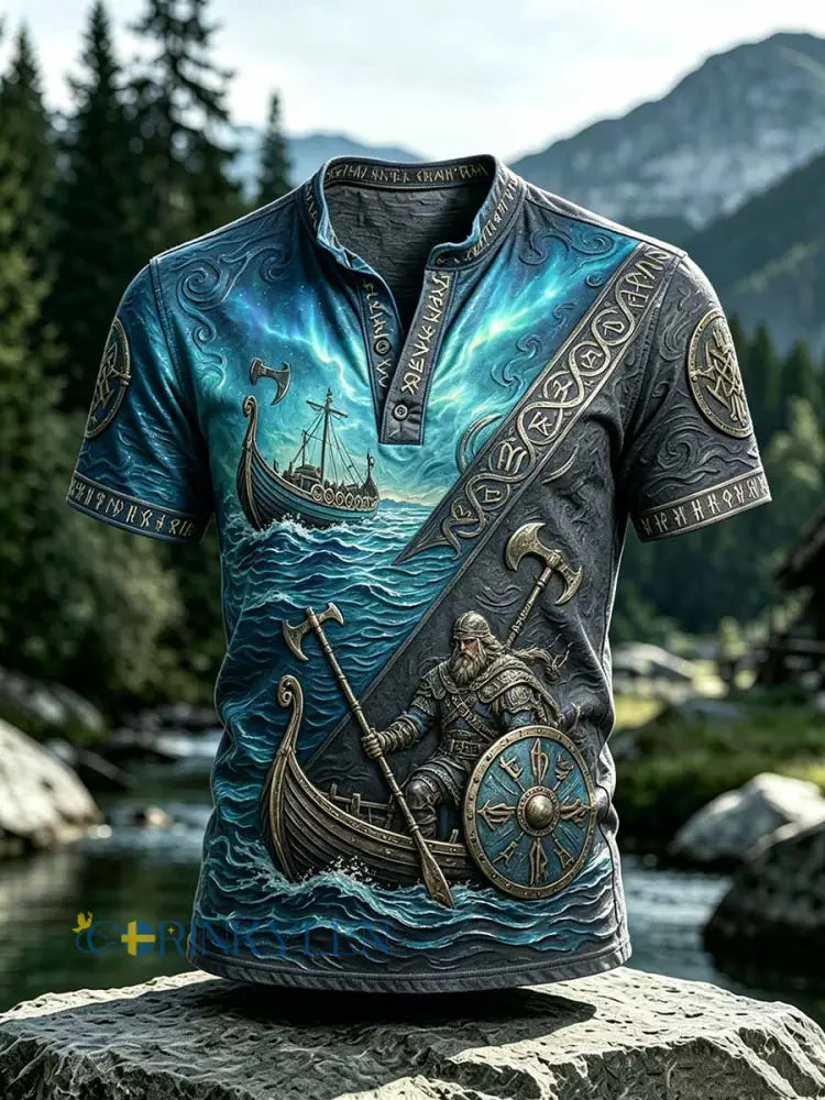 Mansvintage-T-shirt med vikingamönster - som bild / S
