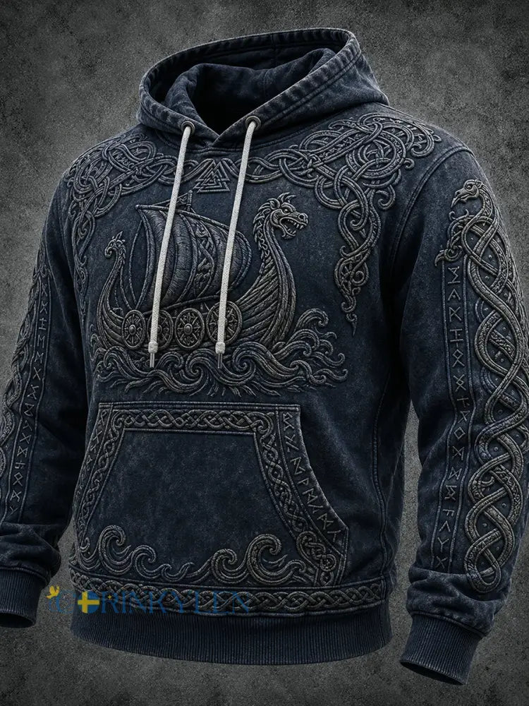 Mansvintage vikinginspirerad keltiskt mönstrad mysig vintage-huudie - djupblåa / S
