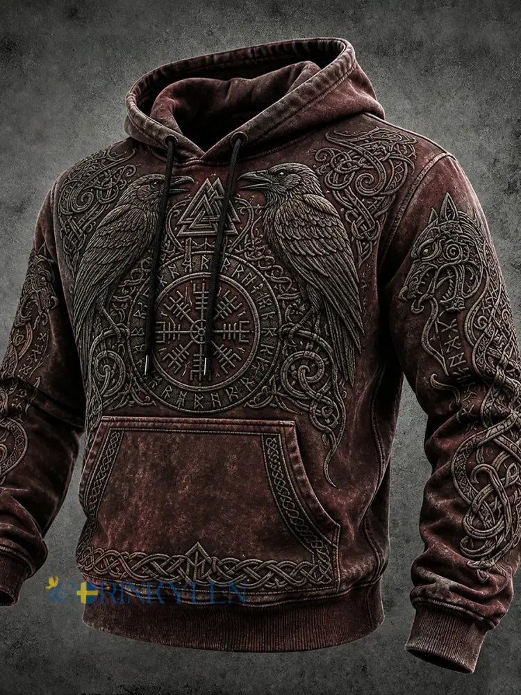 Mansvintage vikinginspirerad keltiskt mönstrad mysig vintage-huudie - mörkröd / S