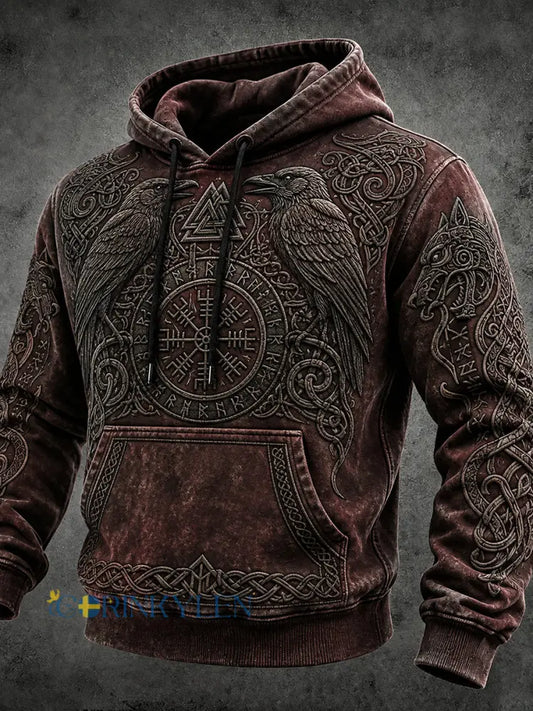 Mansvintage vikinginspirerad keltiskt mönstrad mysig vintage-huudie - mörkröd / S