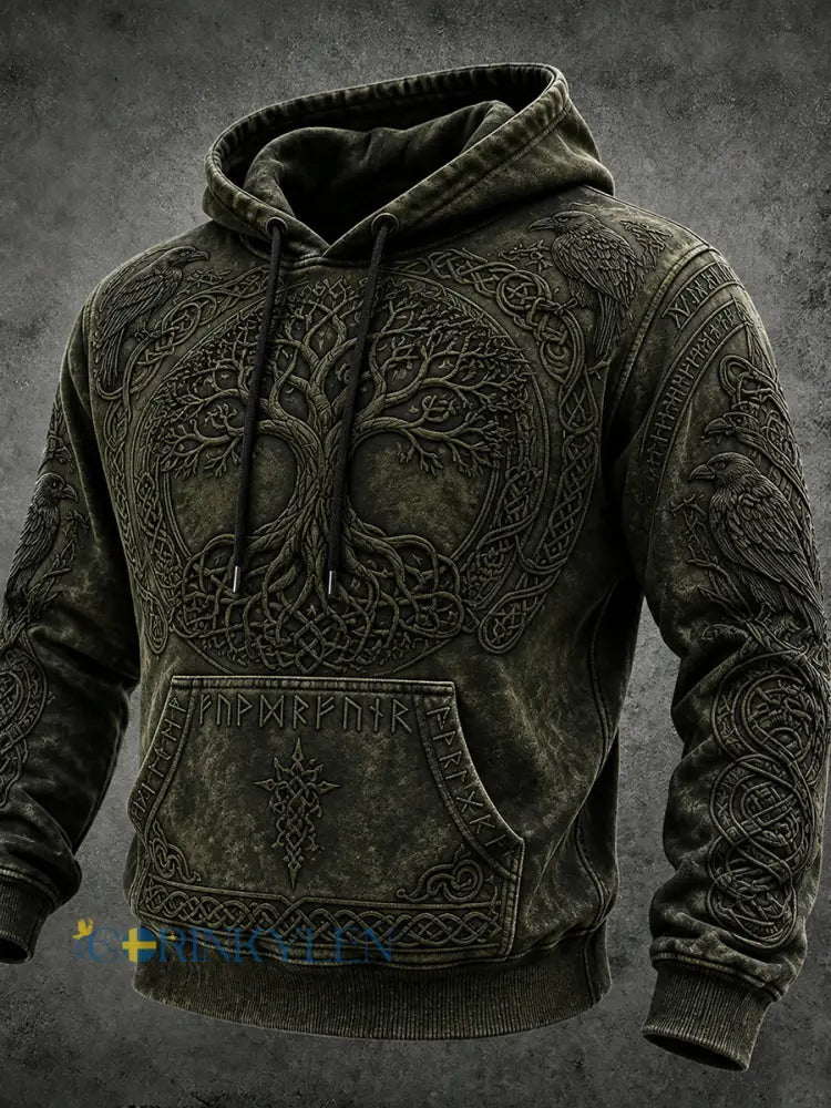 Mansvintage vikinginspirerad keltiskt mönstrad mysig vintage-huudie - svartgrön / S