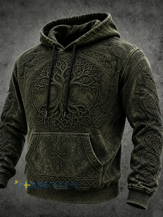 Mansvintage vikinginspirerad keltiskt mönstrad mysig vintage-huudie - svartgrön / S
