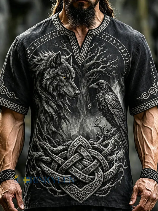 Mansvintage vikingtröja i linne med tryckt keltiskt konstverk föreställande varg och korpar - svart / S