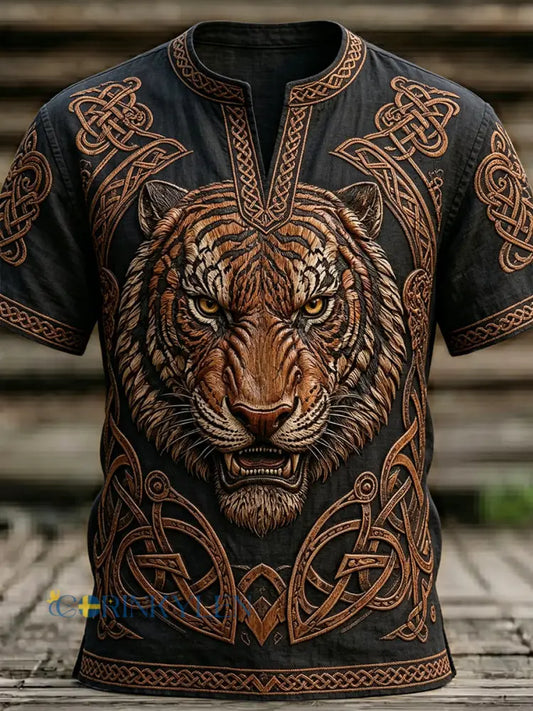 Mansvintagelinne med keltisk tigermönster inspirerat av vikingar - svart / S