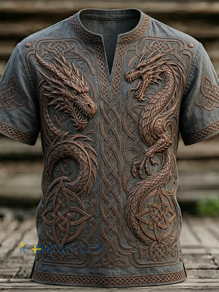 Mansvintagelinne med vikingainspirerat keltiskt drakmönster - grå / S