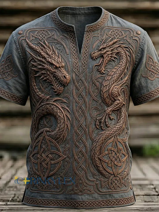 Mansvintagelinne med vikingainspirerat keltiskt drakmönster - grå / S