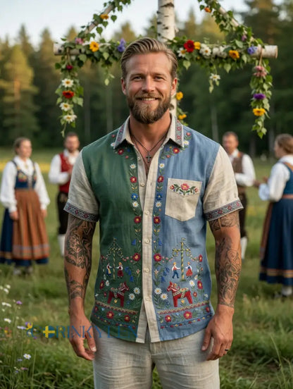 Menns retro svenske midsommer-folket blomster av bomulls-Linen kortærme skjorter