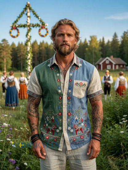 Menns retro svenske midsommer-folket blomster av bomulls-Linen kortærme skjorter